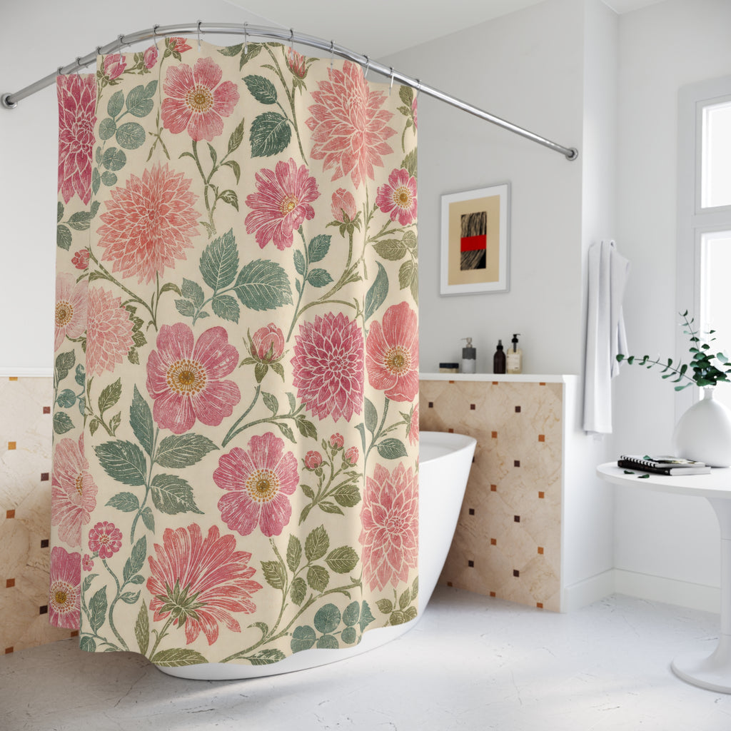 Pink Sage Block Print Floral Shower Curtain