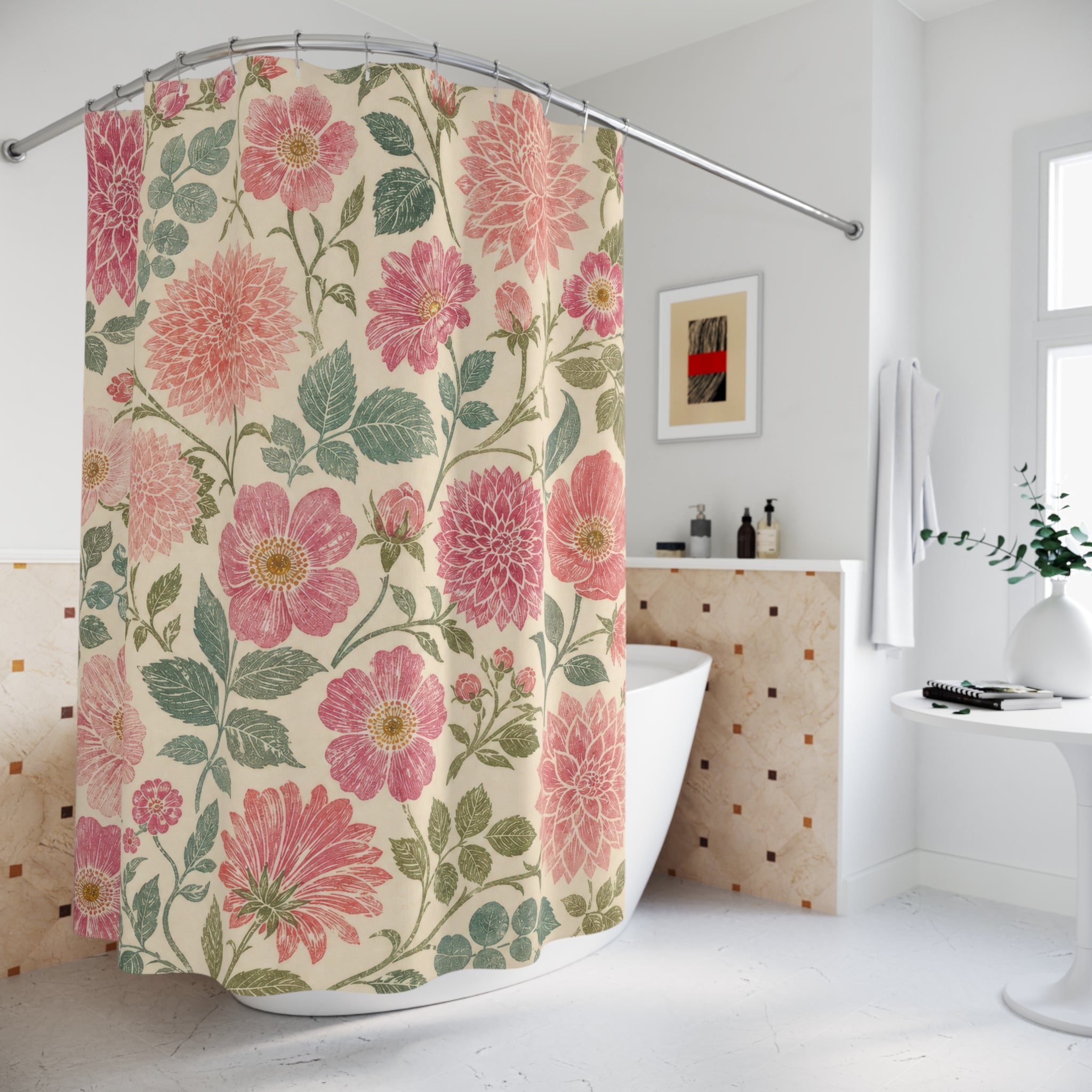 Pink Sage Block Print Floral Shower Curtain
