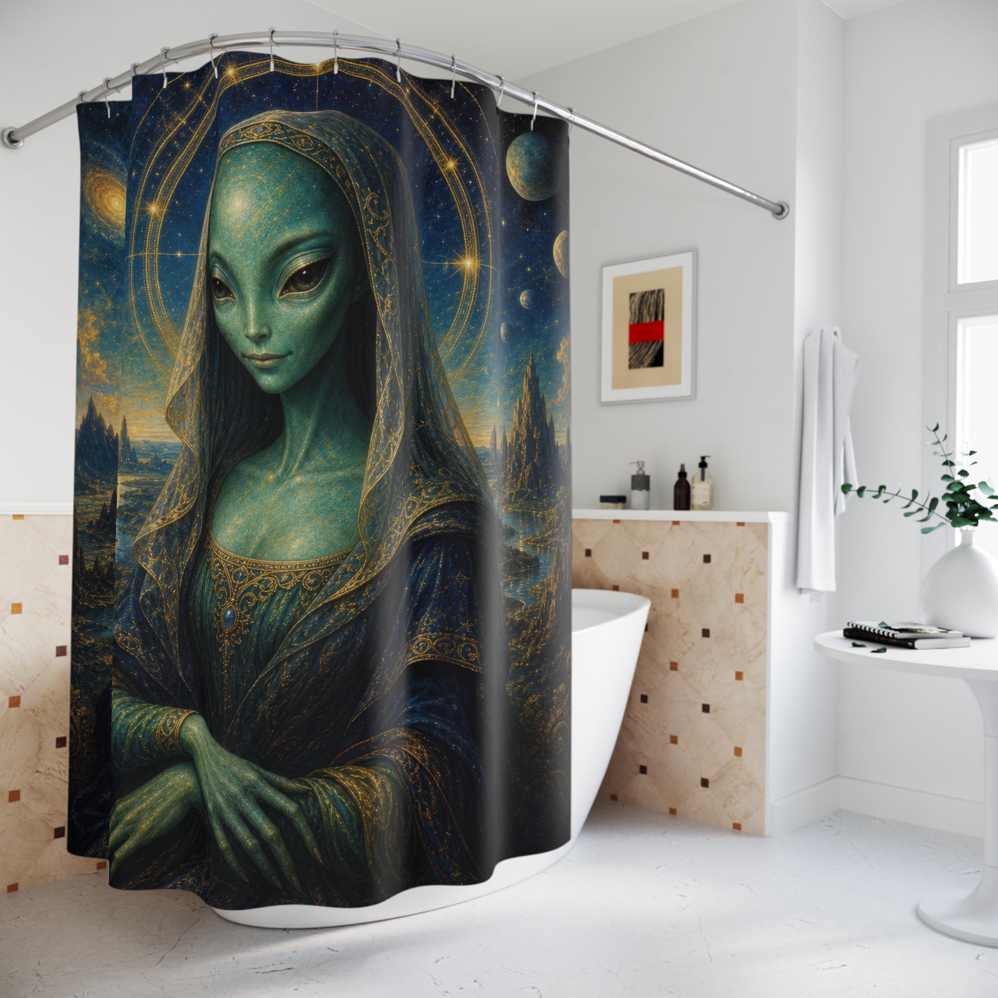 Unique Alien Shower Curtain, Celestial Mona Lisa, Blue Green Space Decor, Planet Halo Sci Fi Bathroom Accent, Cosmic Guest Bath