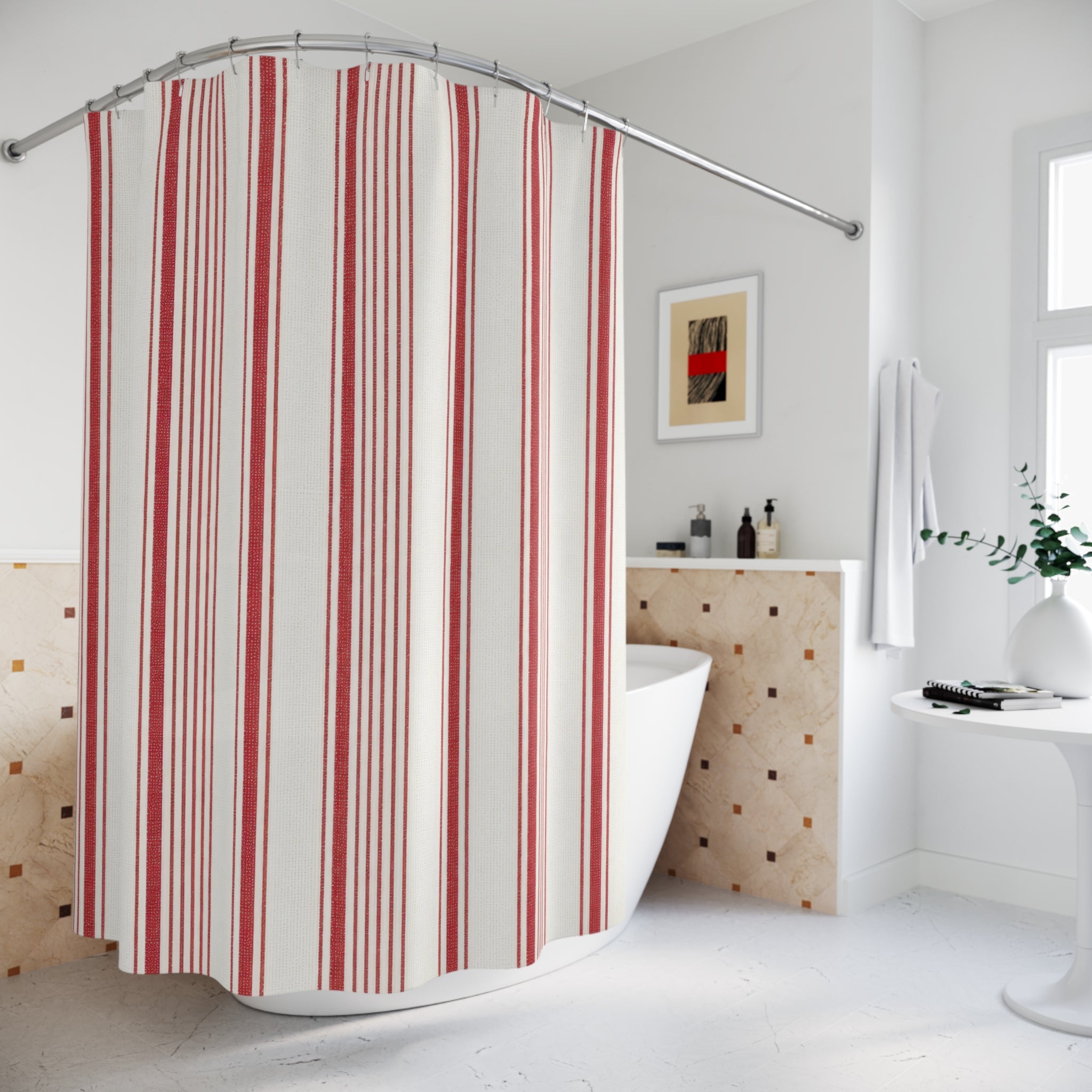 Red White Ticking Stripe Shower Curtain