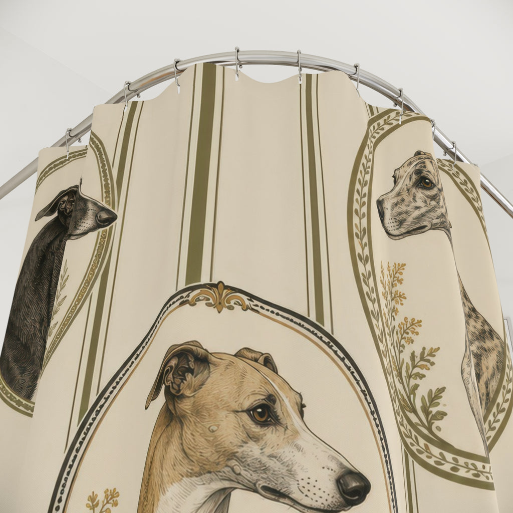 Whippet portraits over olive ticking stripes shower curtain with close-up print, hooks, and folds