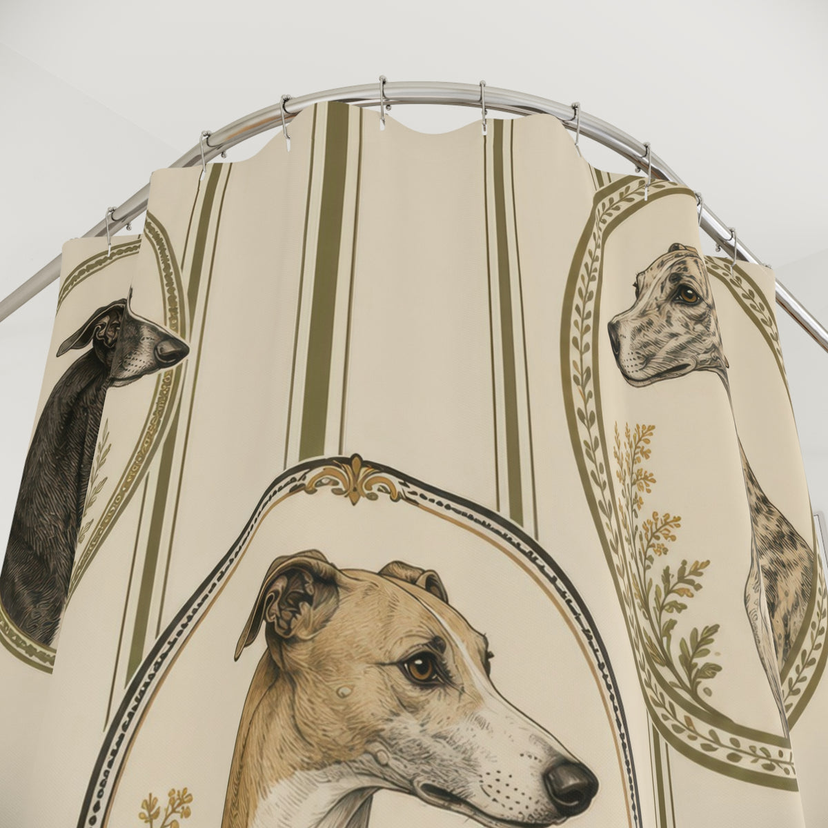 Whippet portraits over olive ticking stripes shower curtain with close-up print, hooks, and folds