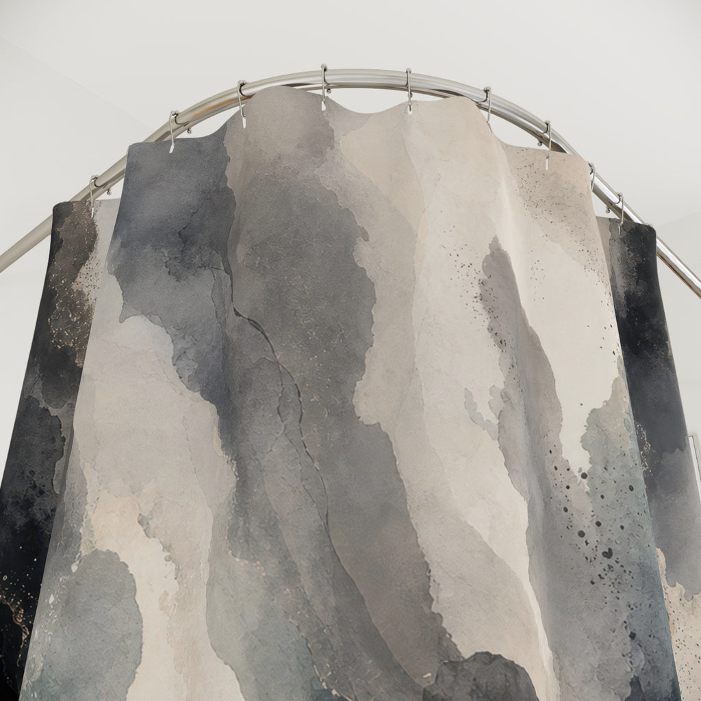 Black Abstract Shower Curtain, Gray Cream Modern Bath Decor, Smoky Mineral Pattern, Modern Smoky Dark Neutral Guest Bathroom Decor Style