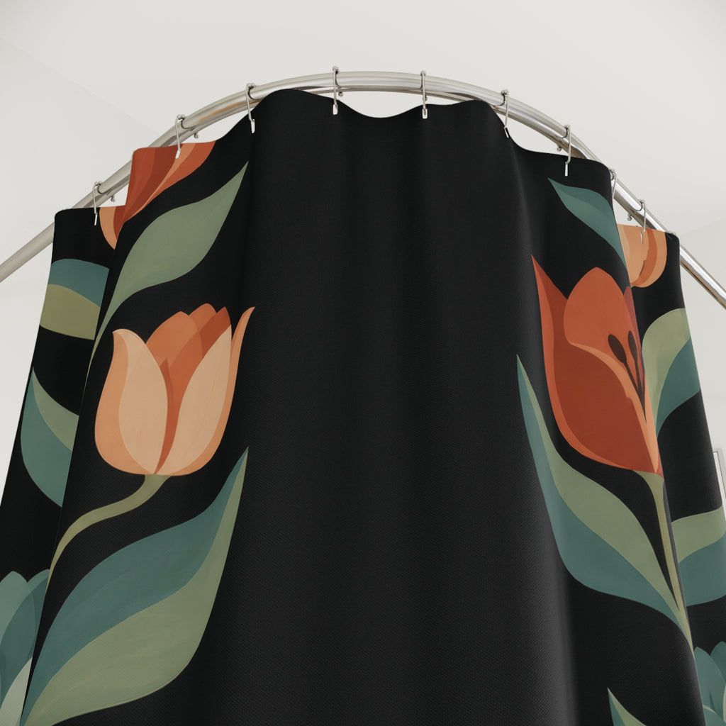 Terracotta tulips, closed teal buds and sage leaves on black shower curtain with close-up print, hooks, and folds