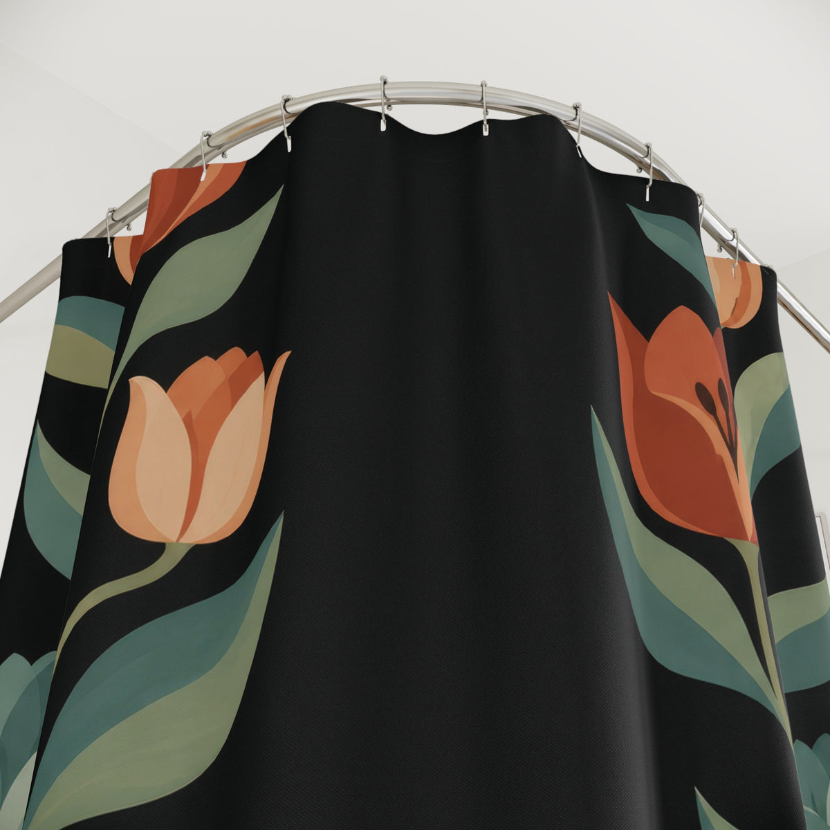 Terracotta tulips, closed teal buds and sage leaves on black shower curtain with close-up print, hooks, and folds