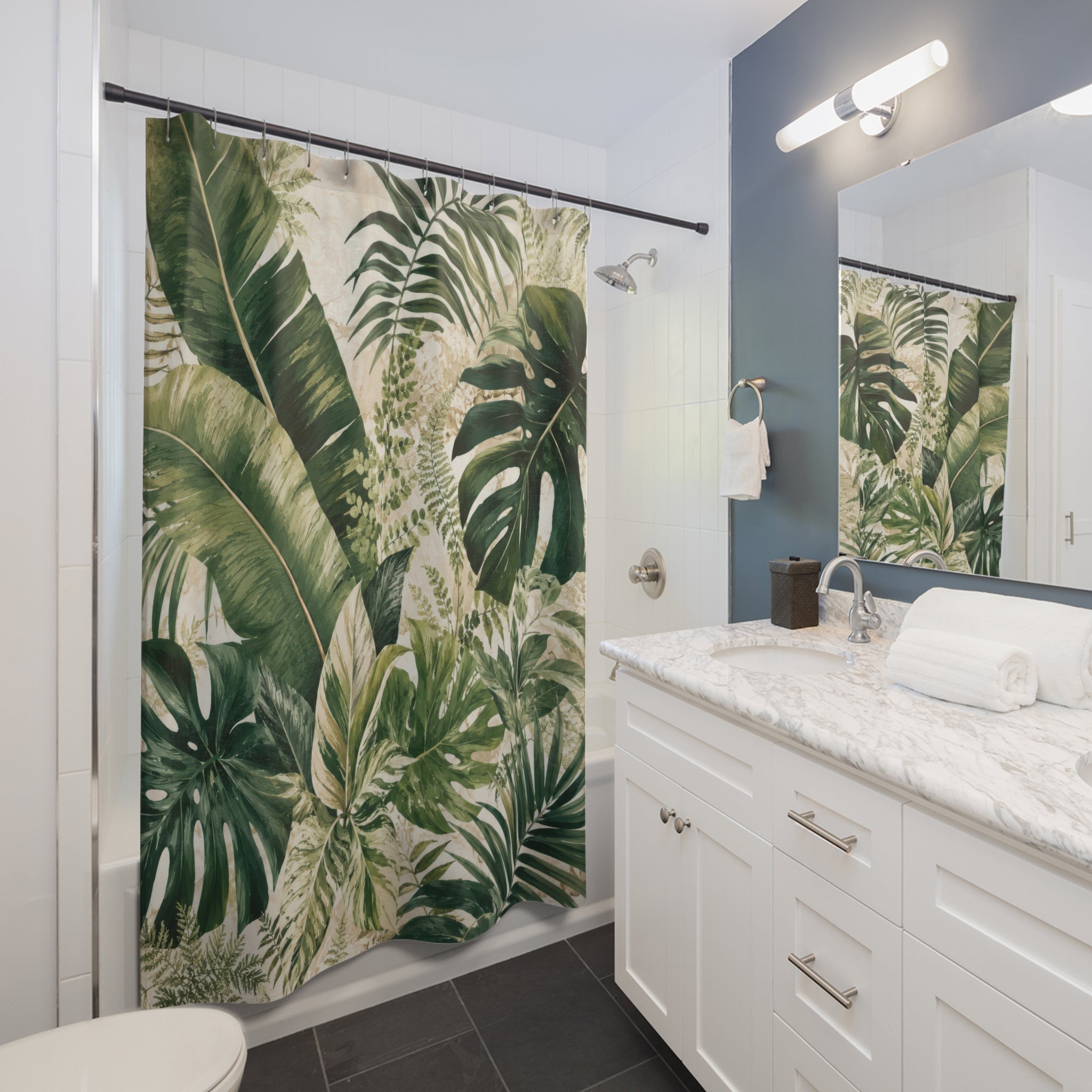 Green Beige Tropical Leaf Shower Curtain: Monstera Palm