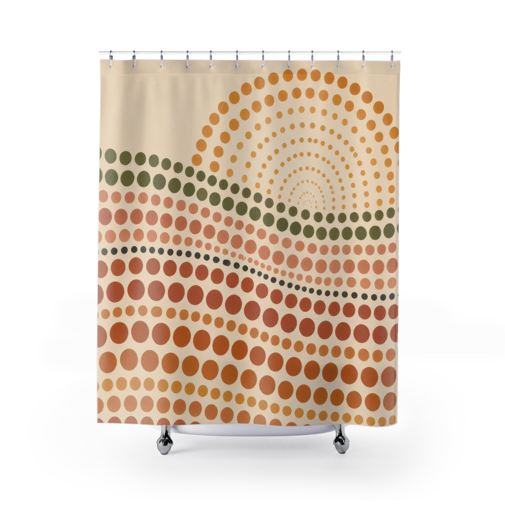 Terracotta polka dot waves with a rising sun shower curtain with full front view