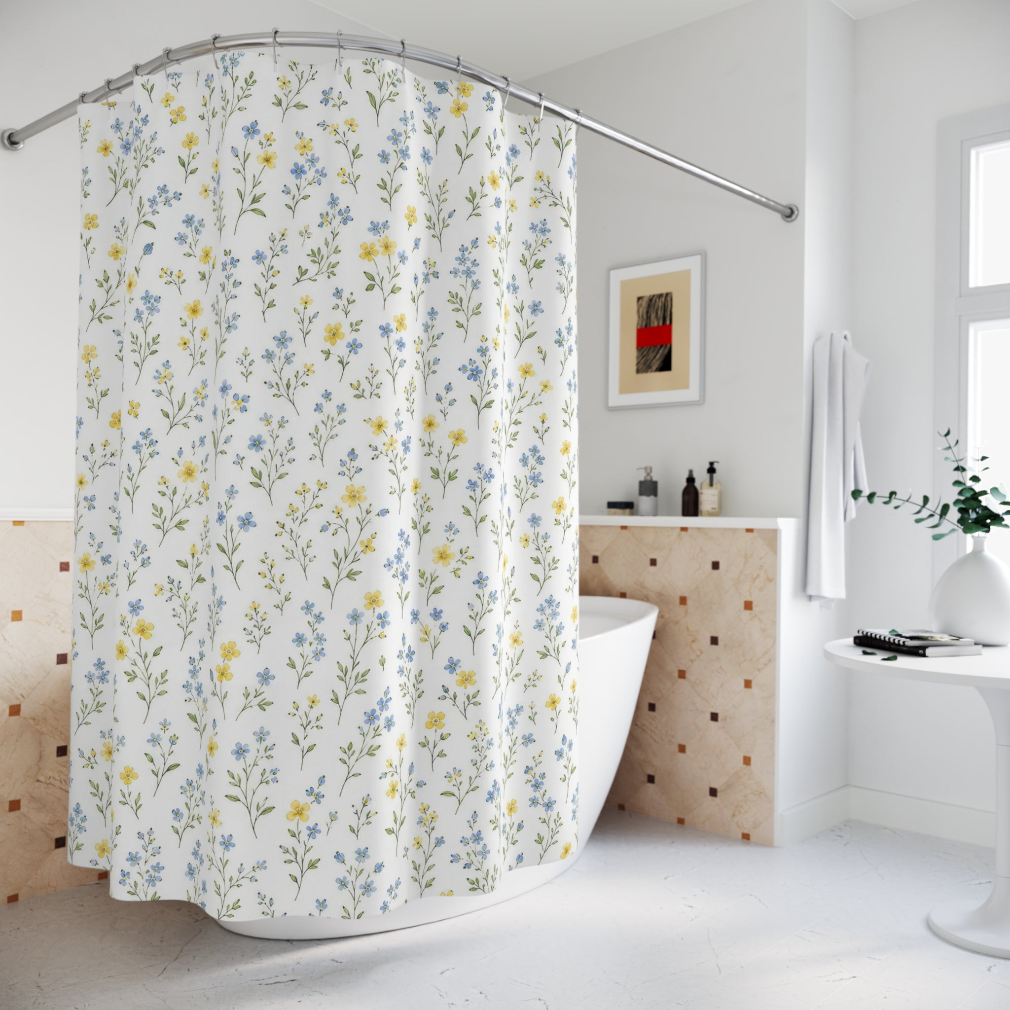 Yellow Blue Floral Shower Curtain