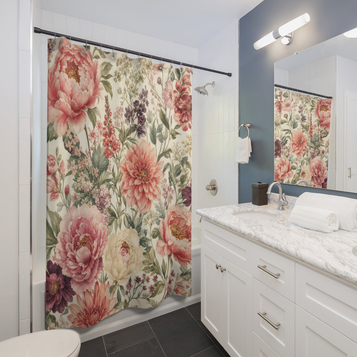 Pink Peony Garden Bouquet vintage shower curtain beside a white vanity
