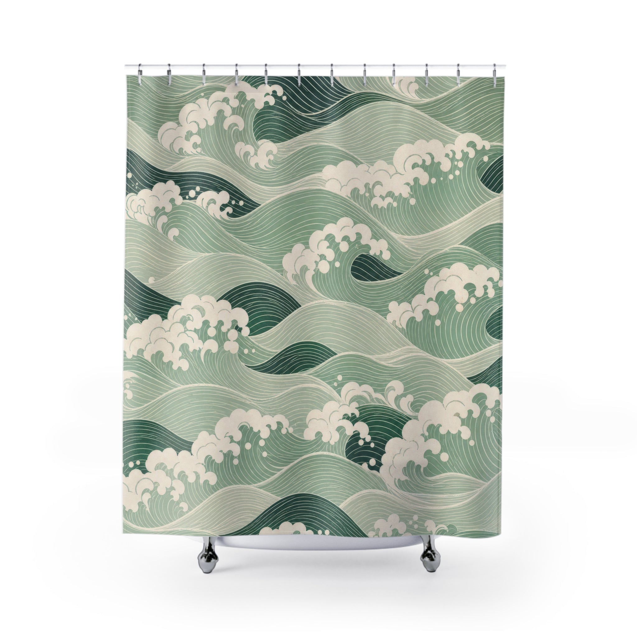 Green Japanese Wave Shower Curtain