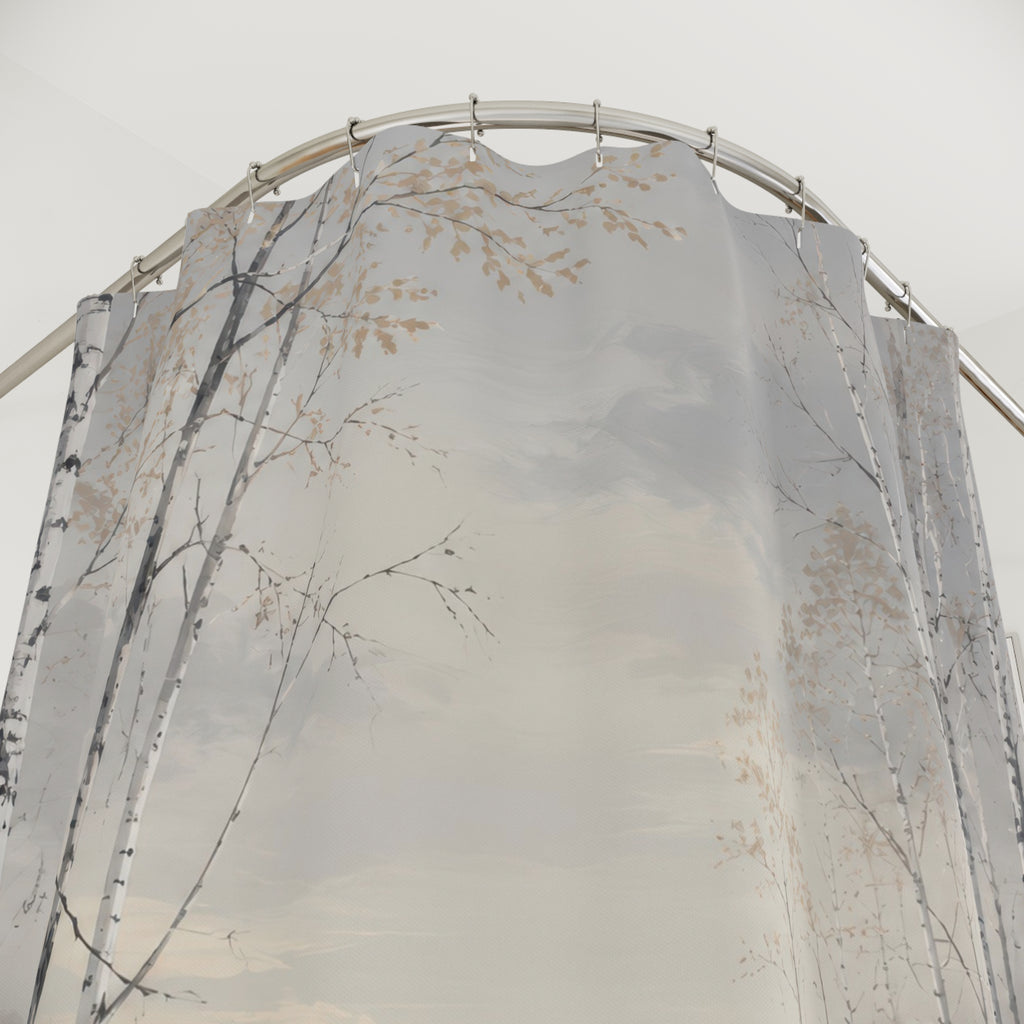 White birch trees beside a pearl-grey lake shower curtain with close-up print, hooks, and folds