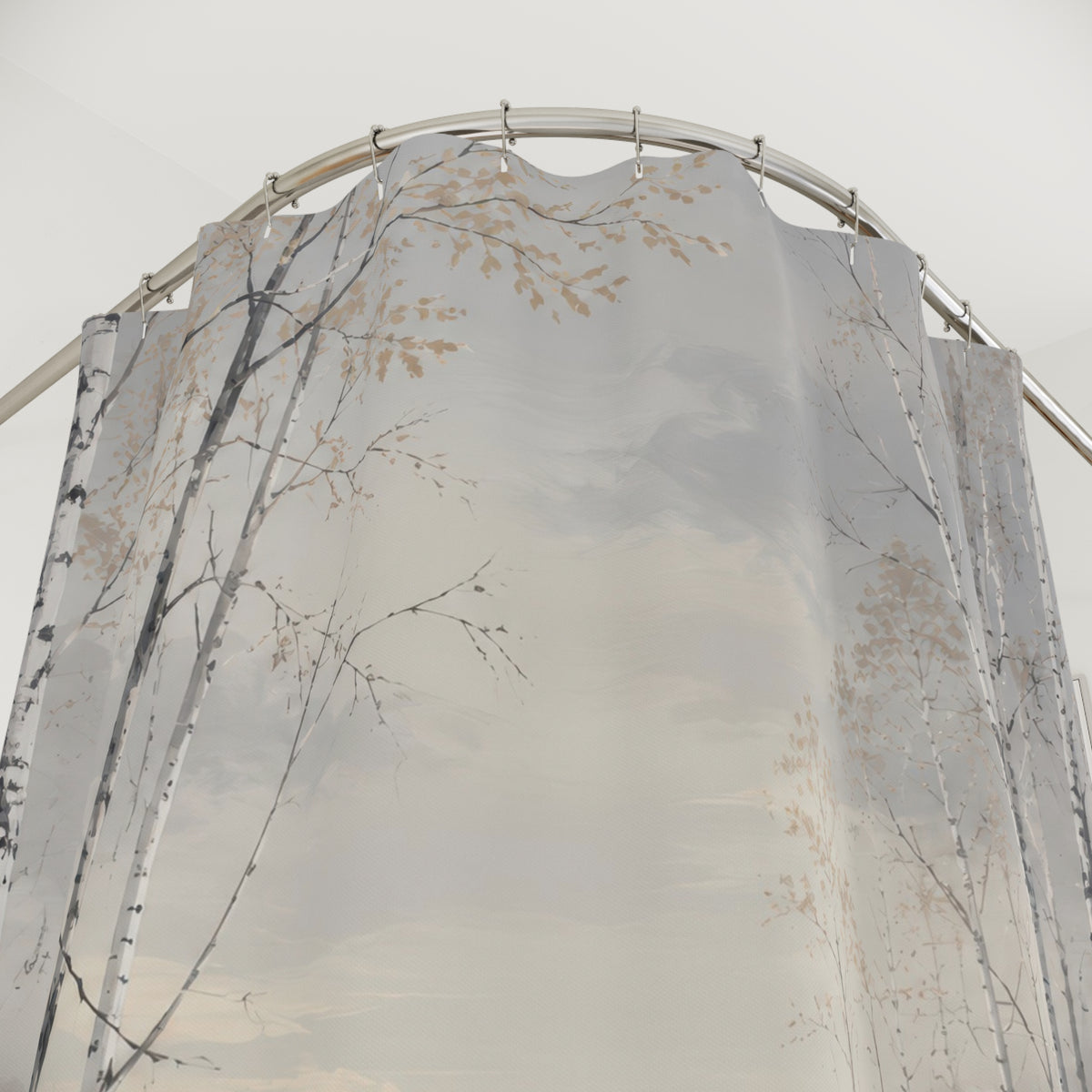 White birch trees beside a pearl-grey lake shower curtain with close-up print, hooks, and folds