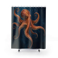 Copper-orange octopus with pale suction cups in deep blue water shower curtain with full front view