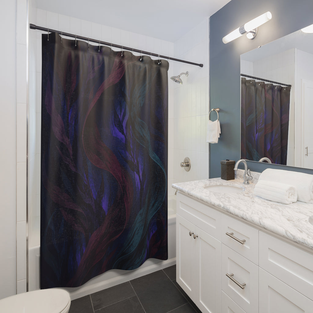 Burgundy and violet kelp ribbons on a blue-black ocean field shower curtain beside a white vanity