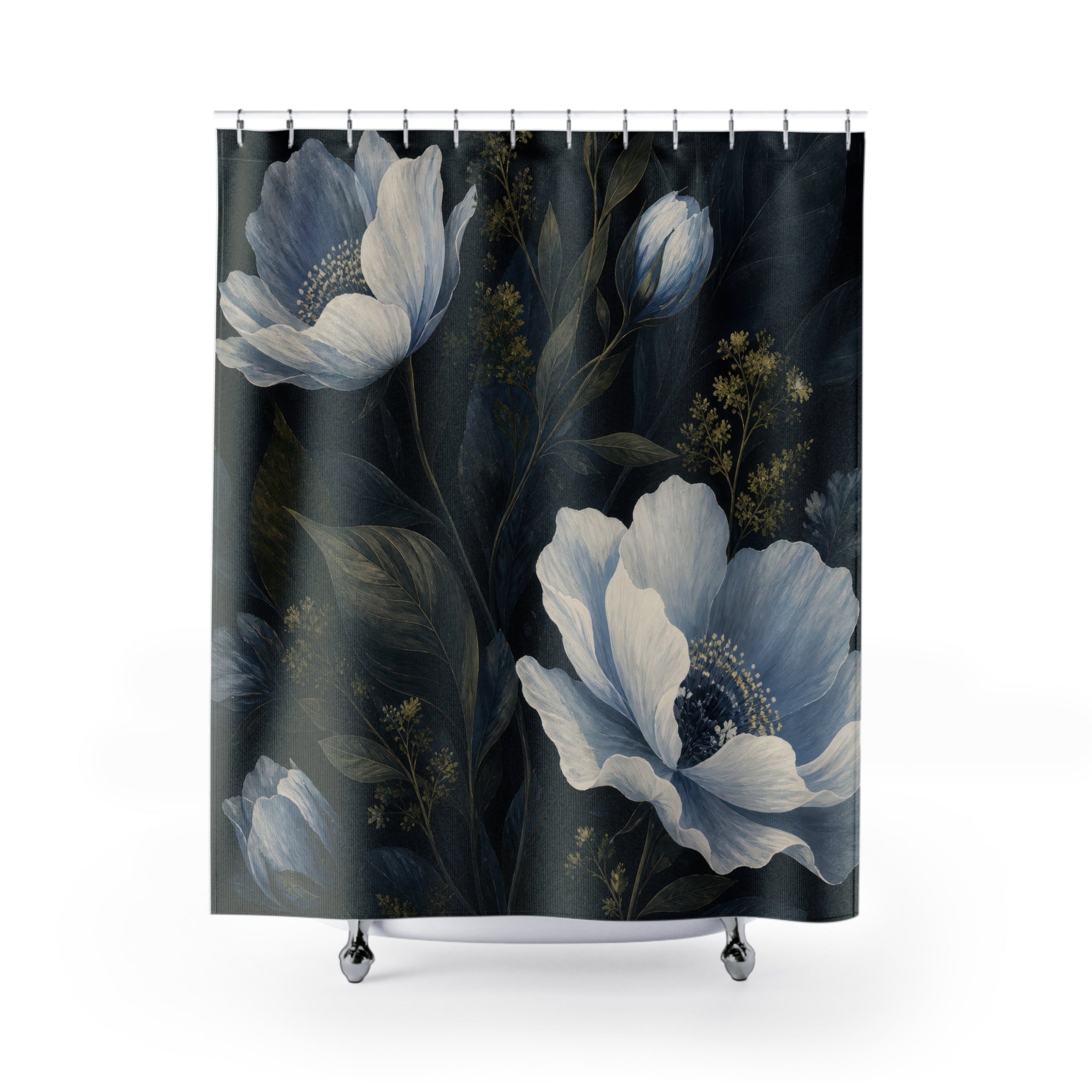 Dark Navy Flower Blue Floral Shower Curtain