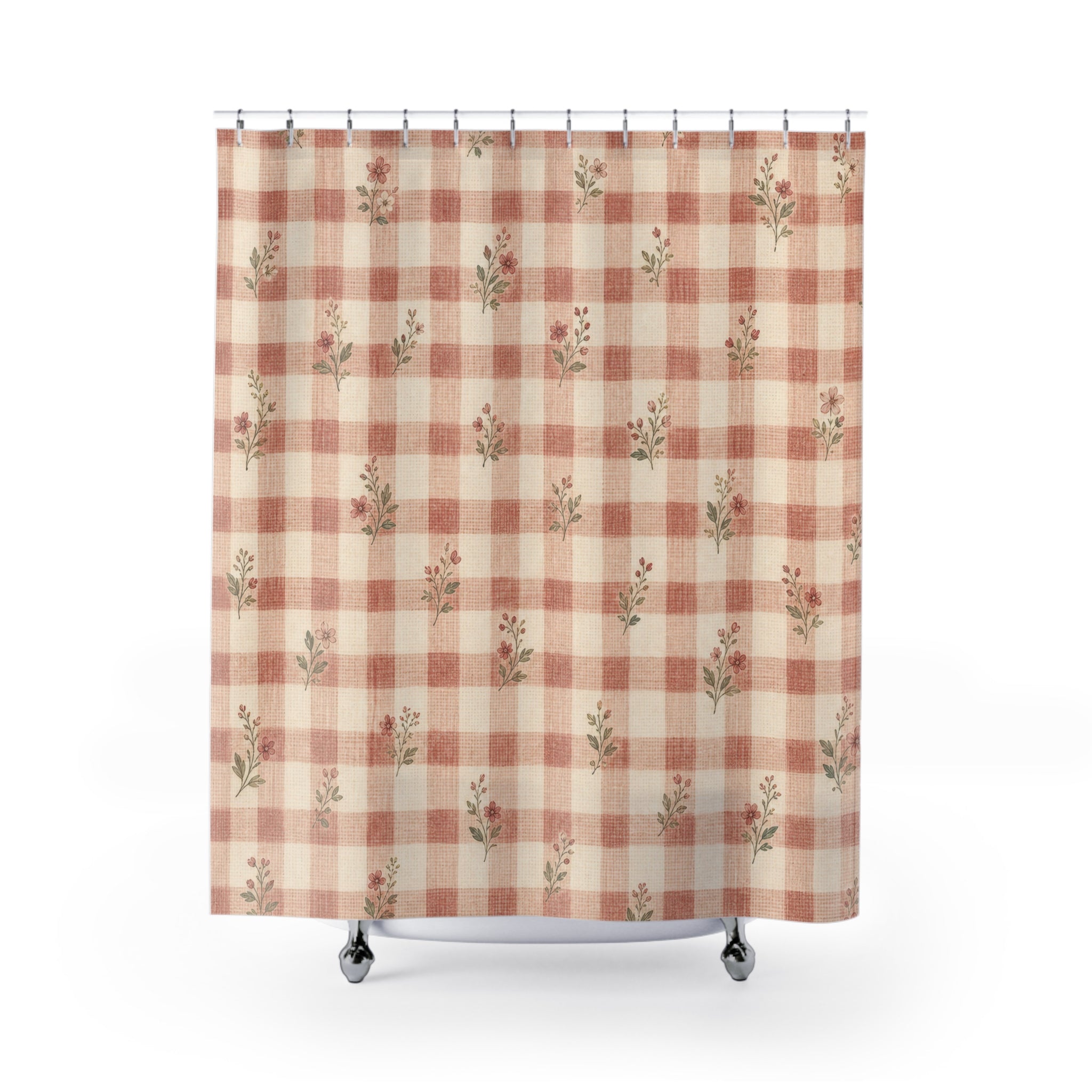 Red Gingham Floral Country Shower Curtain