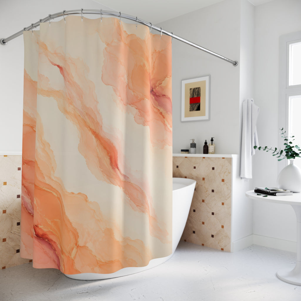 Peach mineral plume abstract shower curtain beside a freestanding tub