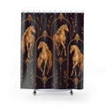 Gold horses within Art Deco arches on deep plum shower curtain with full front view