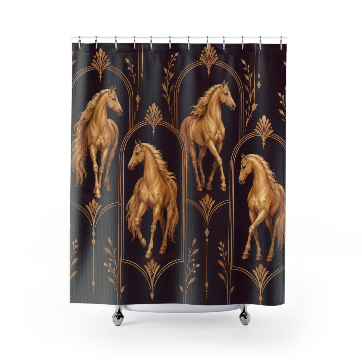 Gold horses within Art Deco arches on deep plum shower curtain with full front view
