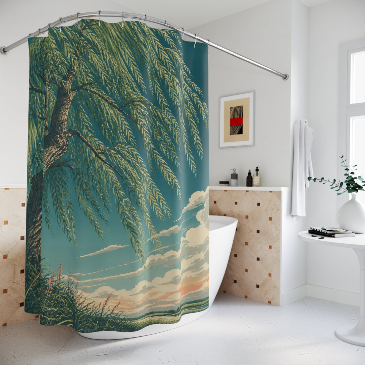 Low-angle willow tree canopy against a teal sky shower curtain beside a freestanding tub