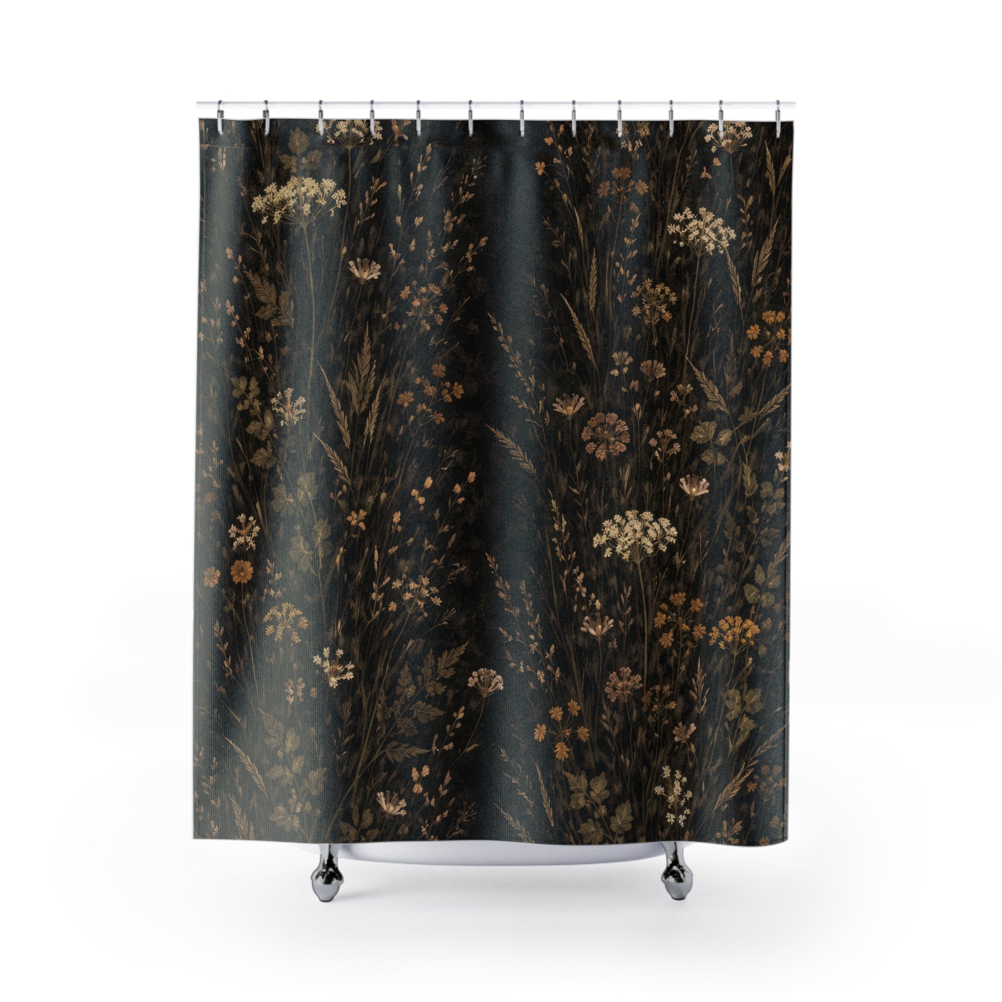 Dark Botanical Shower Curtain — Black and Ochre