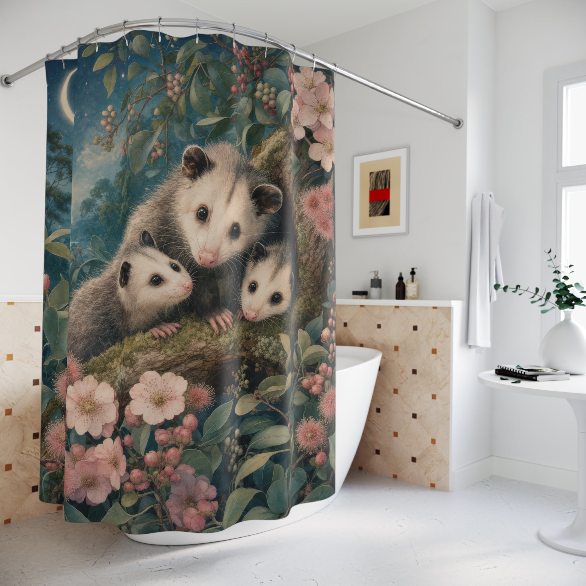 Possum Shower Curtain: Cute Woodland Animal Floral