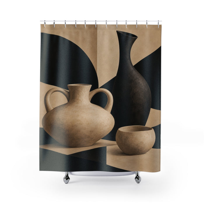 Beige and black sculptural pottery still life shower curtain with full front view