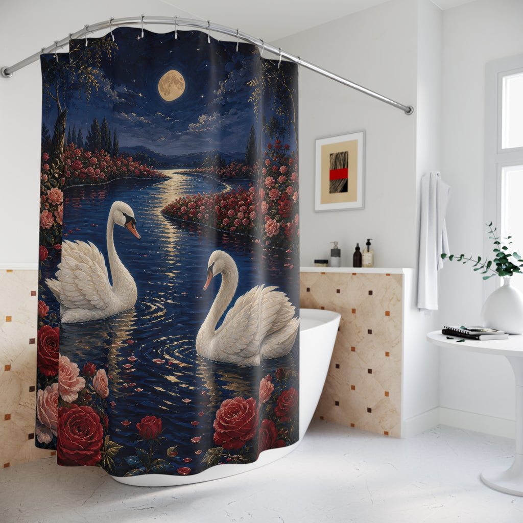 Moonlit Swan Valentine Shower Curtain
