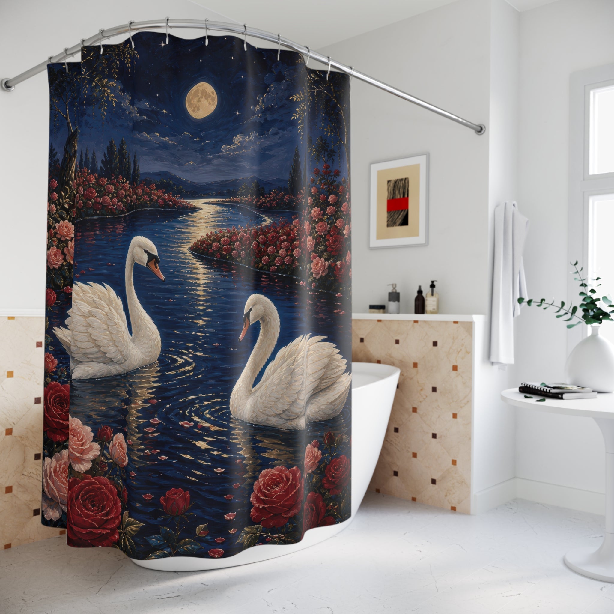 Moonlit Swan Valentine Shower Curtain