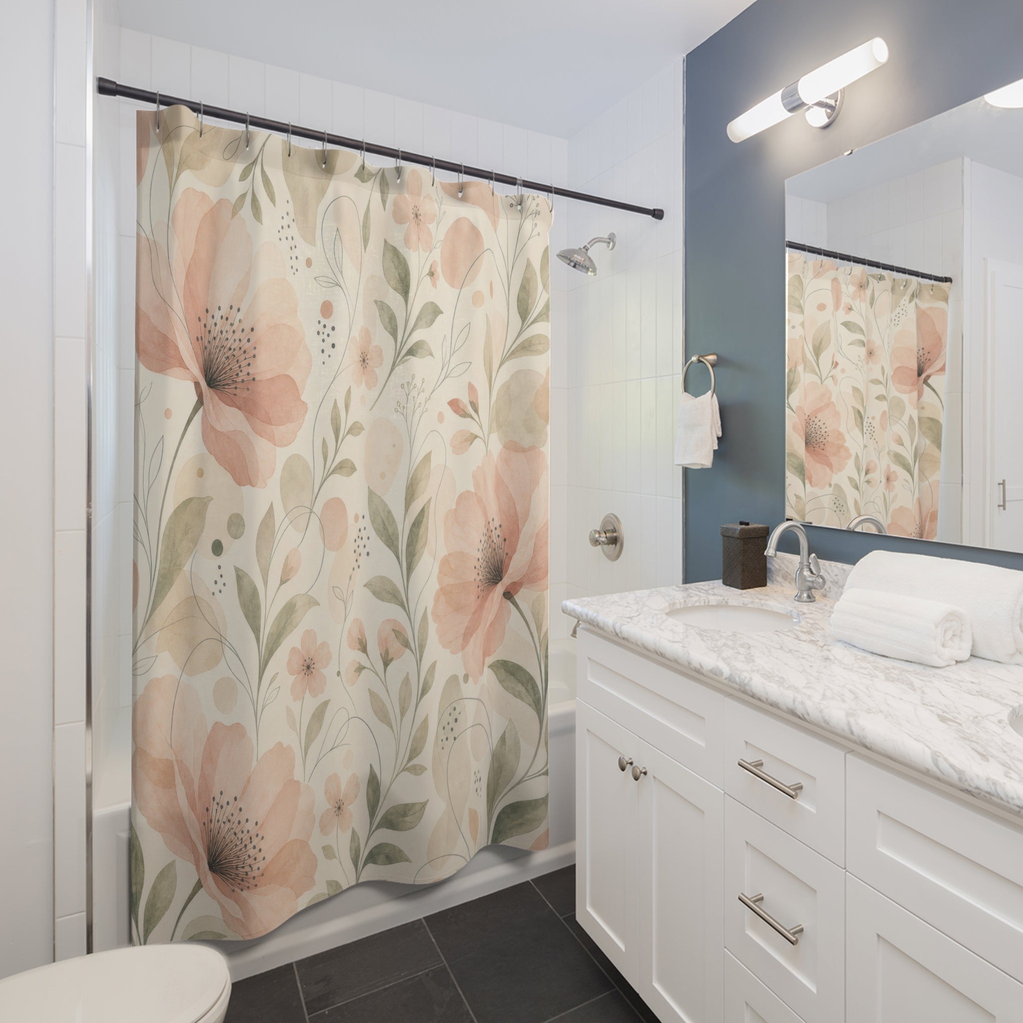 Peach Aesthetic Floral Shower Curtain