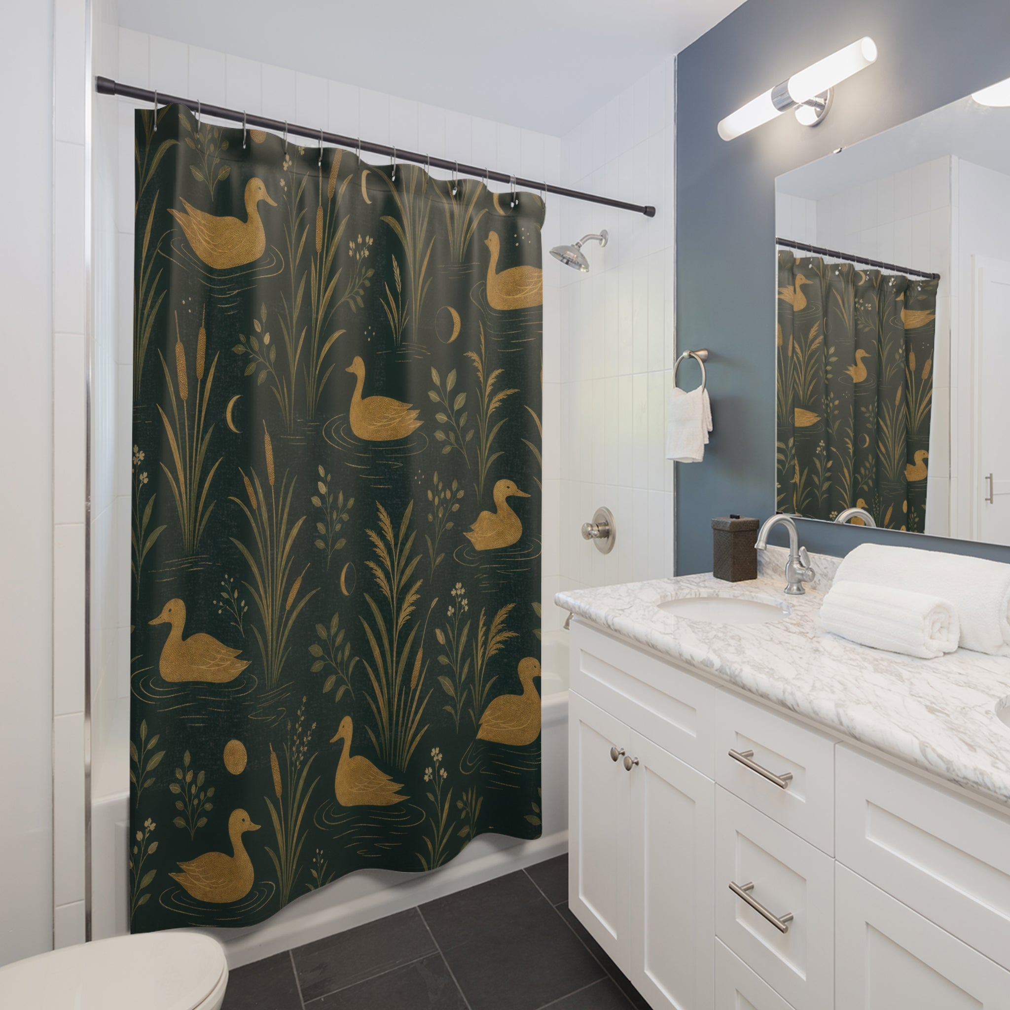 Dark Green Gold Duck Shower Curtain