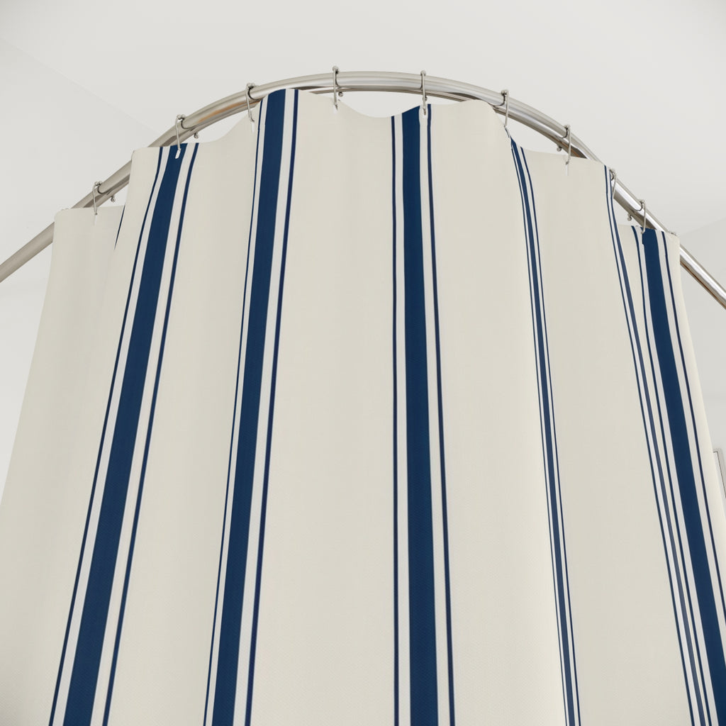 Navy Ticking Stripe Shower Curtain, Tailored Blue Pinstripe Pattern