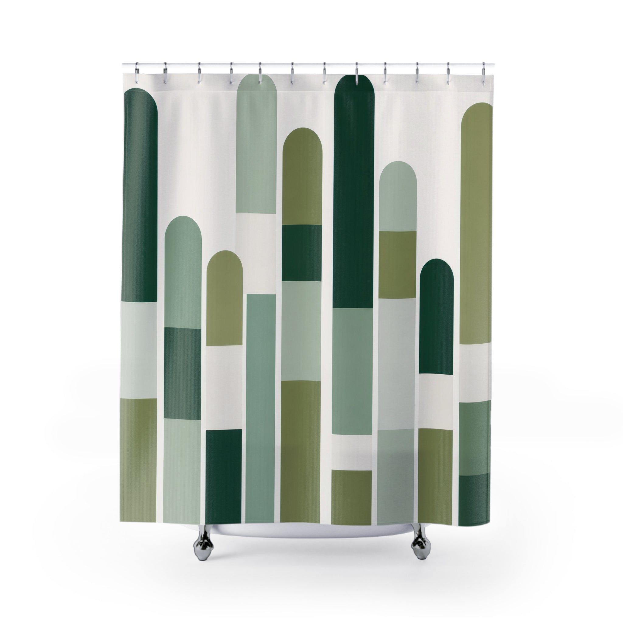 Modern Shower Curtain, Green Geometric Bath Decor, Rounded Bar Pattern, Sage Guest Bathroom Decor, Vertical Abstract Green Style Decor