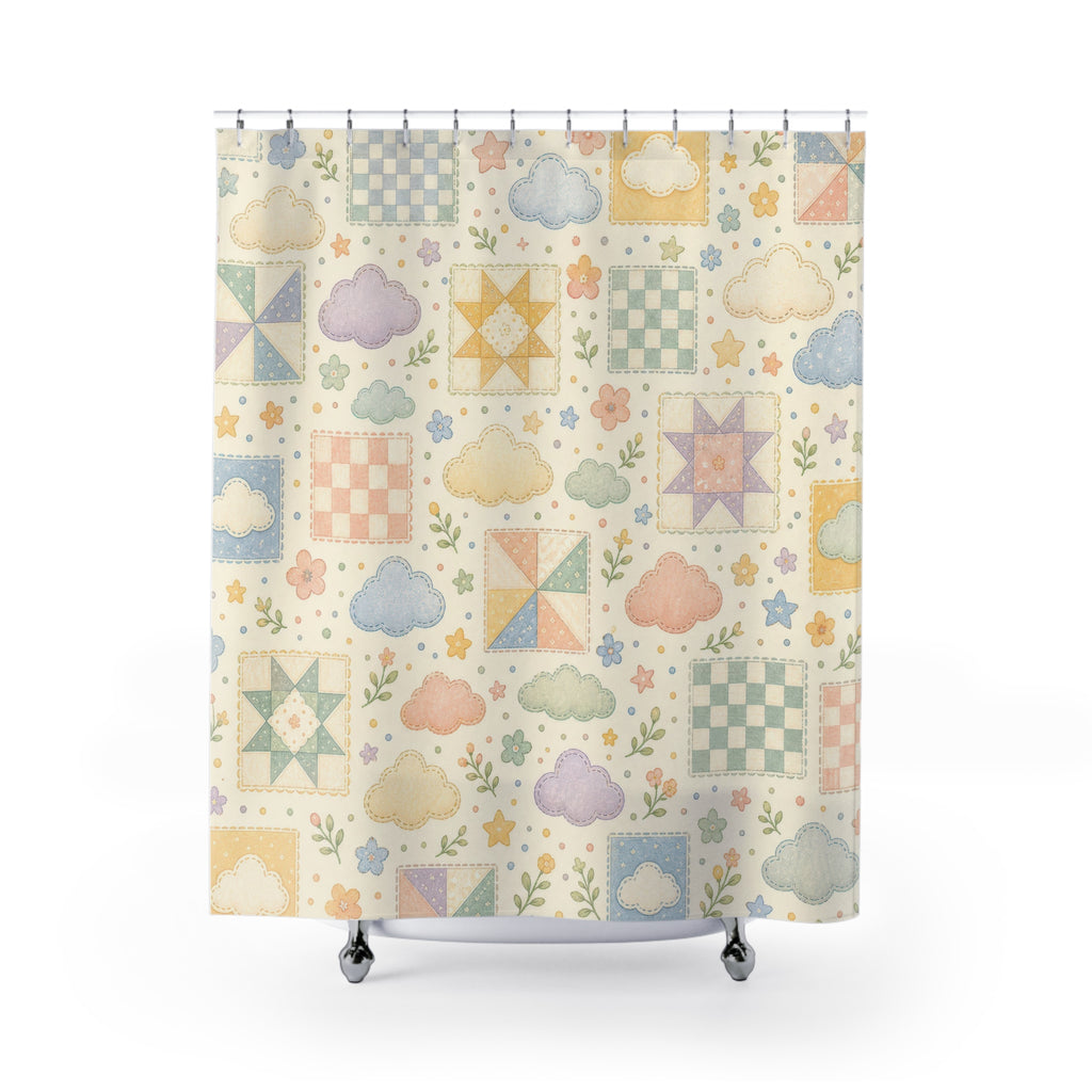 Cloud Shower Curtain, Cute Pastel Bath Decor, Patchwork Gingham Sky Pattern, Soft Geometric Guest Bathroom Decor, Soft Pastel Style