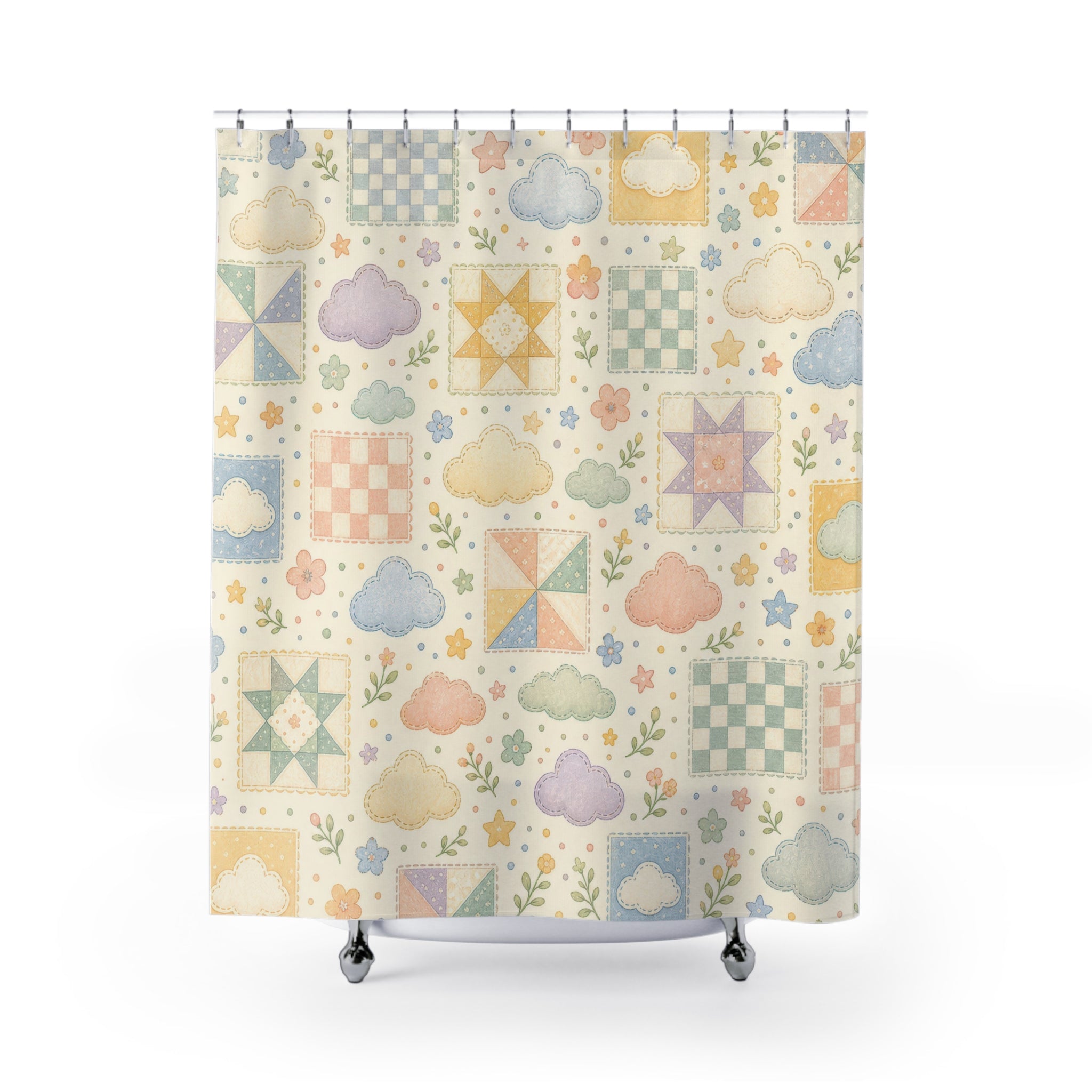 Cloud Shower Curtain, Cute Pastel Bath Decor, Patchwork Gingham Sky Pattern, Soft Geometric Guest Bathroom Decor, Soft Pastel Style