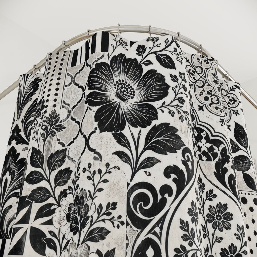 Black White Patchwork Floral Shower Curtain