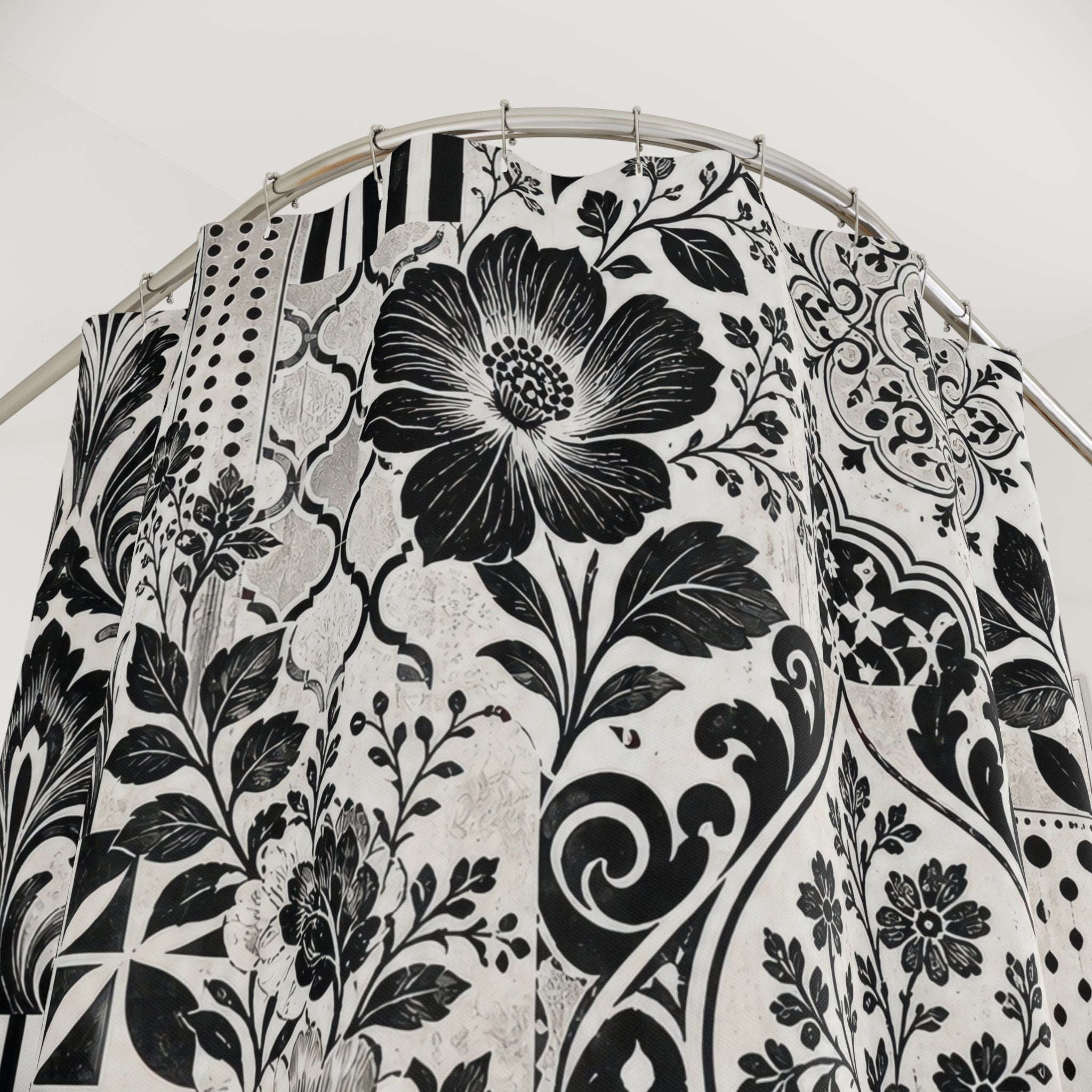 Black White Patchwork Floral Shower Curtain