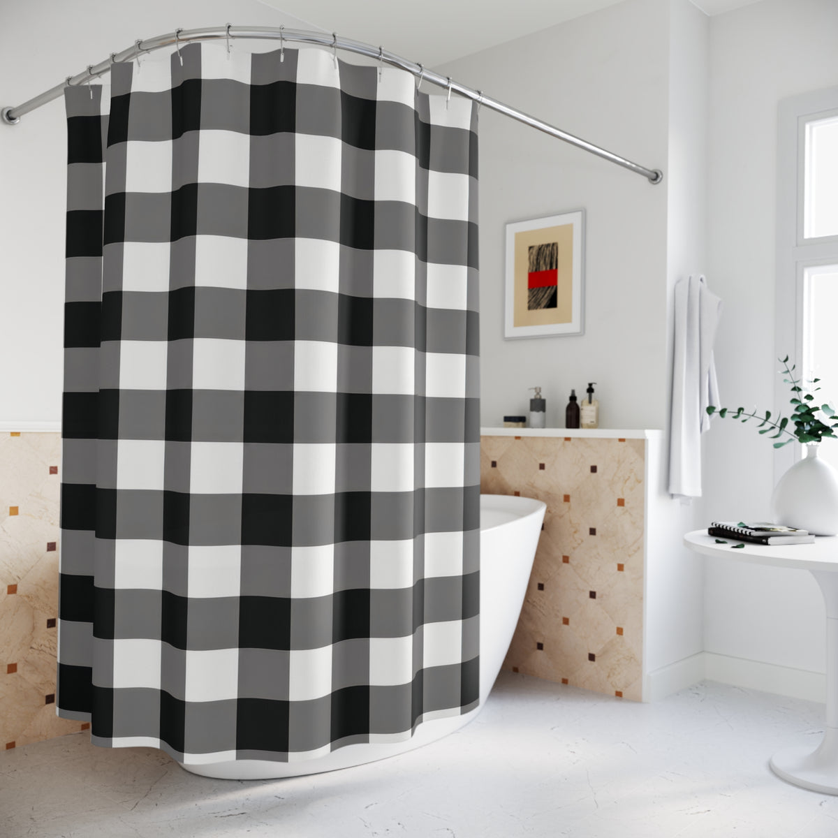 Gingham grid of black, gray and white squares shower curtain beside a freestanding tub