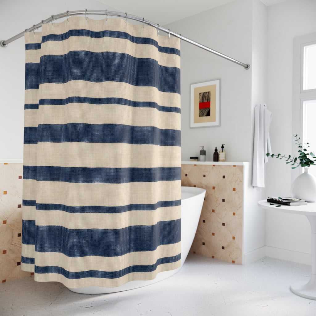 Navy Striped Shower Curtain, Blue White Bath Decor, French Coastal Horizontal Stripe Pattern, Classic Guest Bathroom Decor, Navy Style