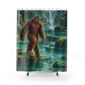 Russet Bigfoot beside teal pools and mossy basalt waterfalls shower curtain with full front view
