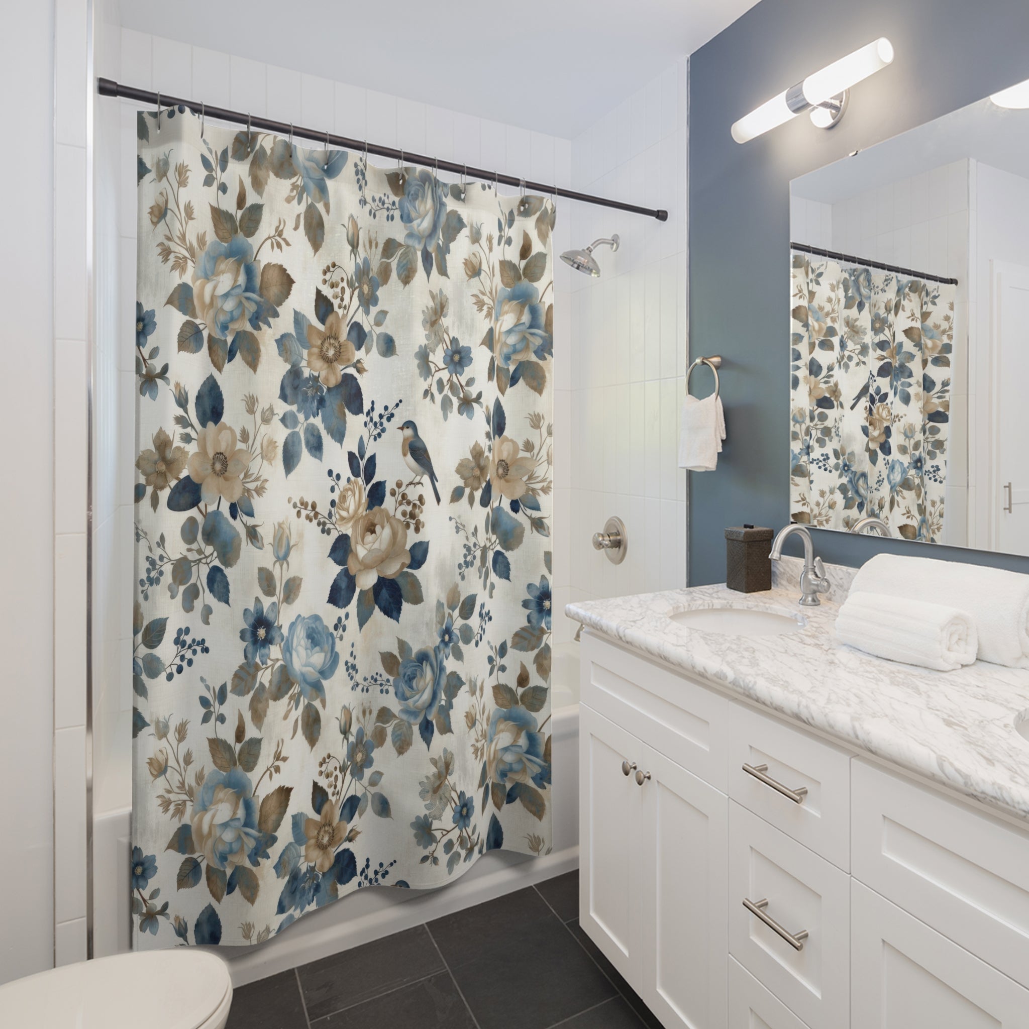 Floral Bird Shower Curtain — Blue and Beige