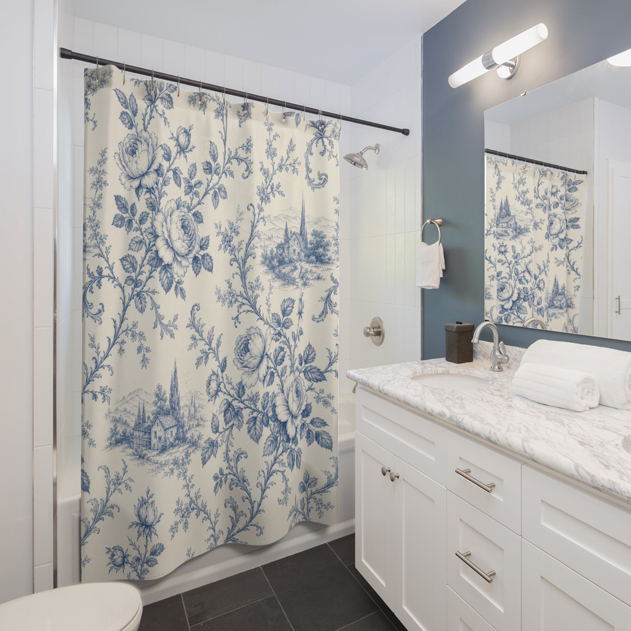 Blue Ivory French Country Floral Scene Shower Curtain