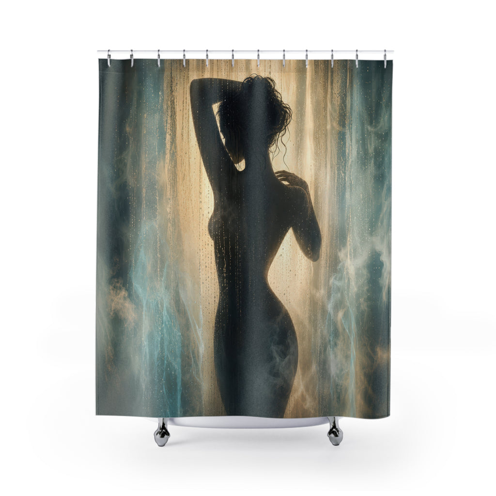 Unique Silhouette Shower Curtain, Blue Rain Light Figure Art, Moody Teal Gold Bathroom Decor, Dramatic Spa Wall Guest Bath Gift For Home