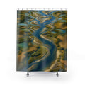 Aerial river delta with turquoise braided waterways shower curtain with full front view