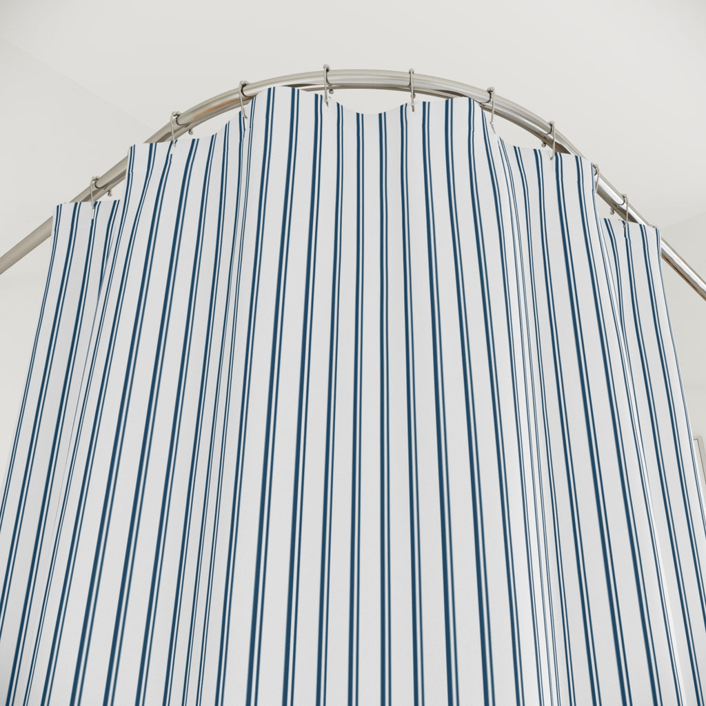 Navy Pinstripe Shower Curtain — Classic Ticking