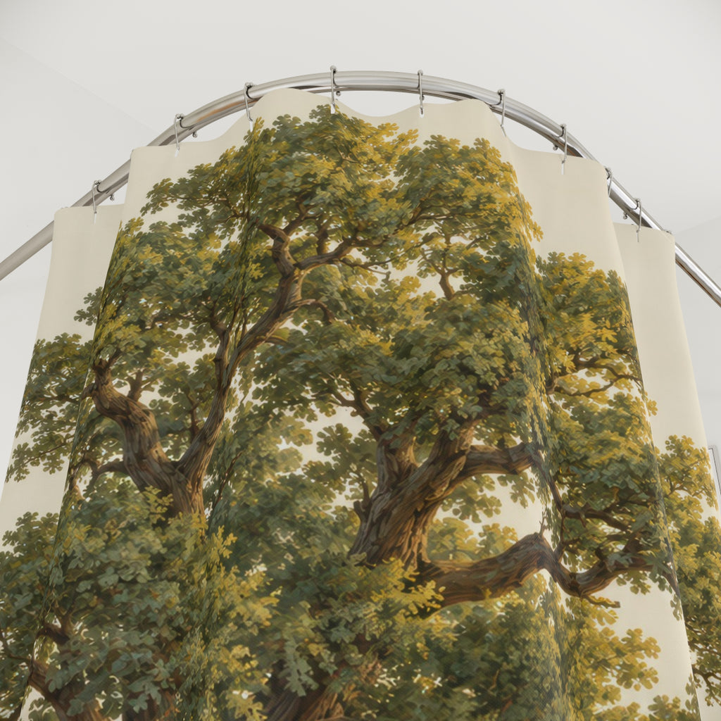Olive green oak tree on cream shower curtain with close-up print, hooks, and folds