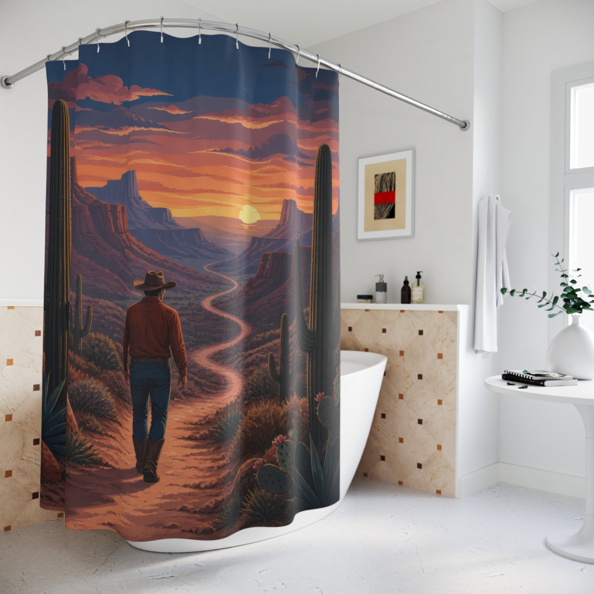 Lone cowboy walking a cactus-lined canyon trail shower curtain beside a freestanding tub