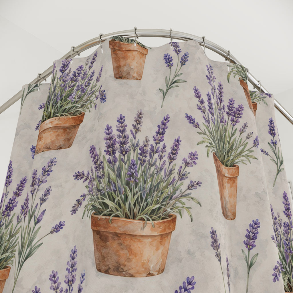 Purple lavender in terracotta pots on pale gray shower curtain with close-up print, hooks, and folds