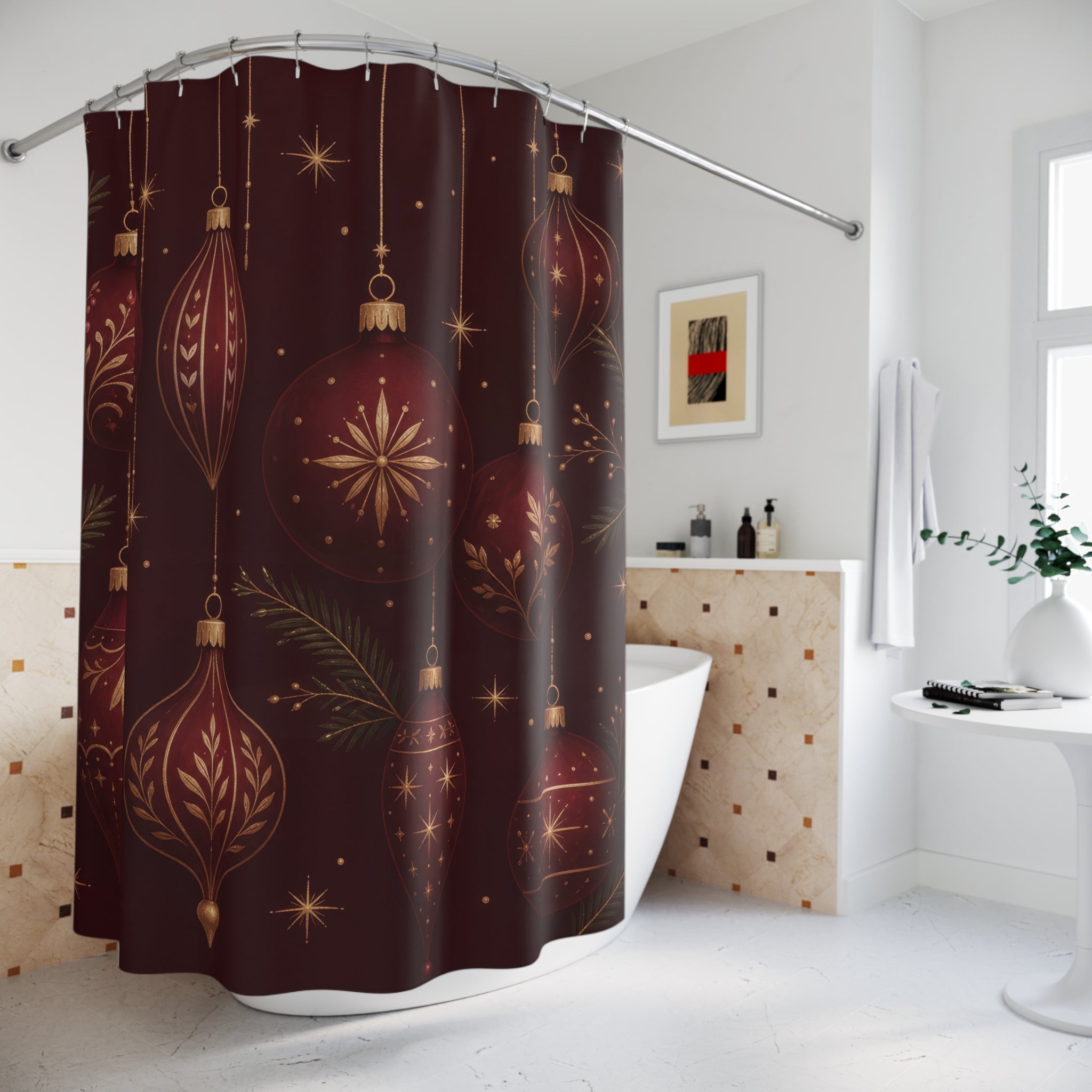 Burgundy Christmas Ornament Shower Curtain
