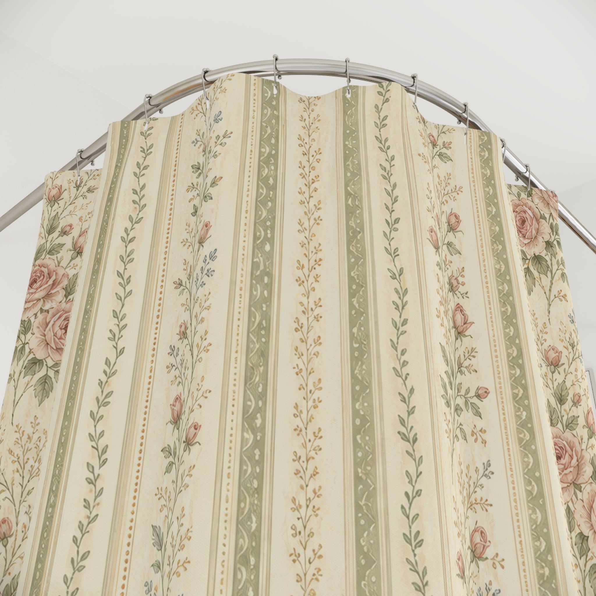 Sage Green Rose Stripe Farmhouse Shower Curtain
